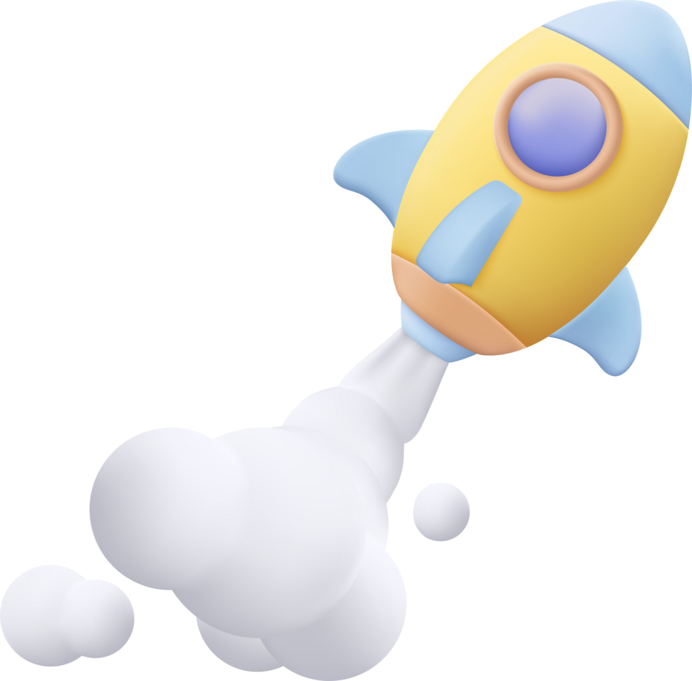3d flying space rocket with spewing smoke. space for business startup png