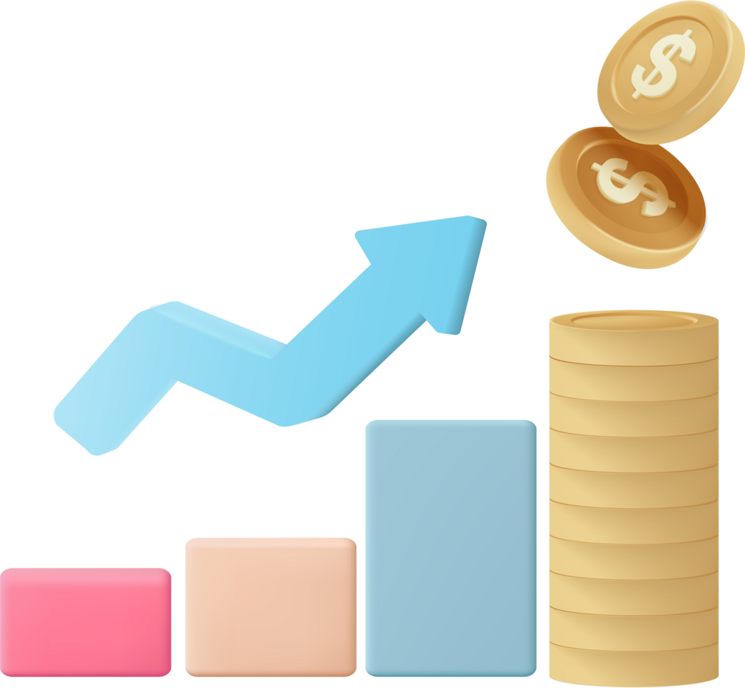 A stack of coins and an arrow going up png