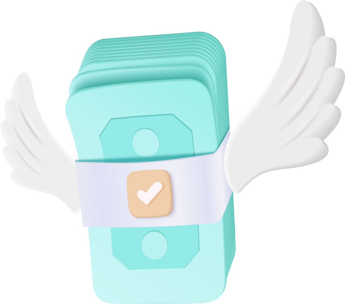 A blue dollar bill with wings and a check mark png