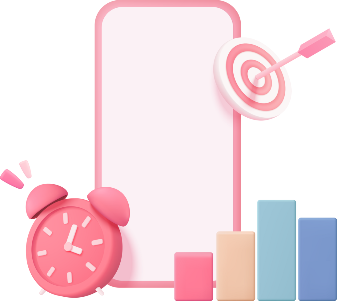 A pink phone with an alarm clock and a target png