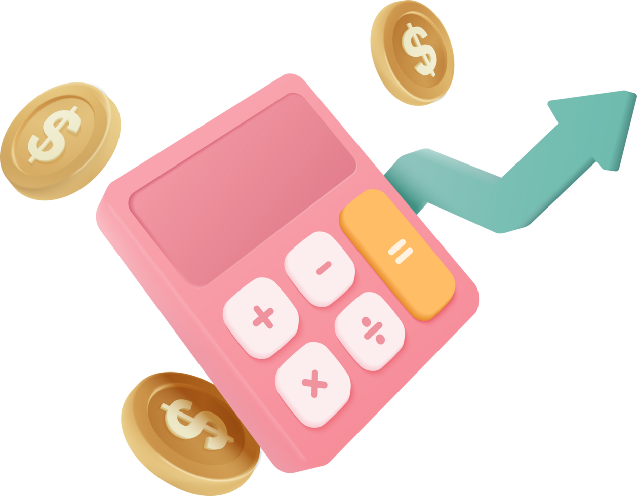 A pink calculator with coins falling down png