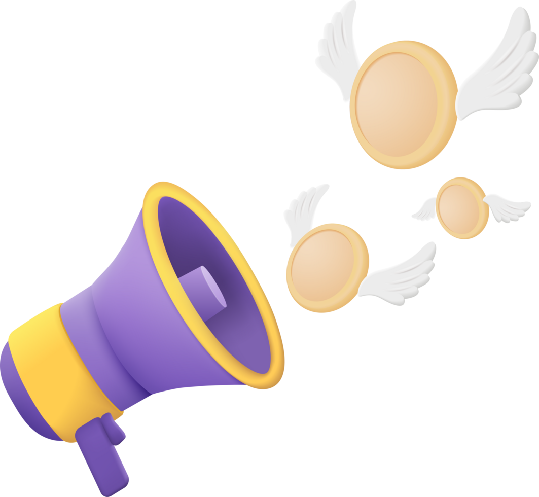 A purple megaphone with wings and coins flying out of it png