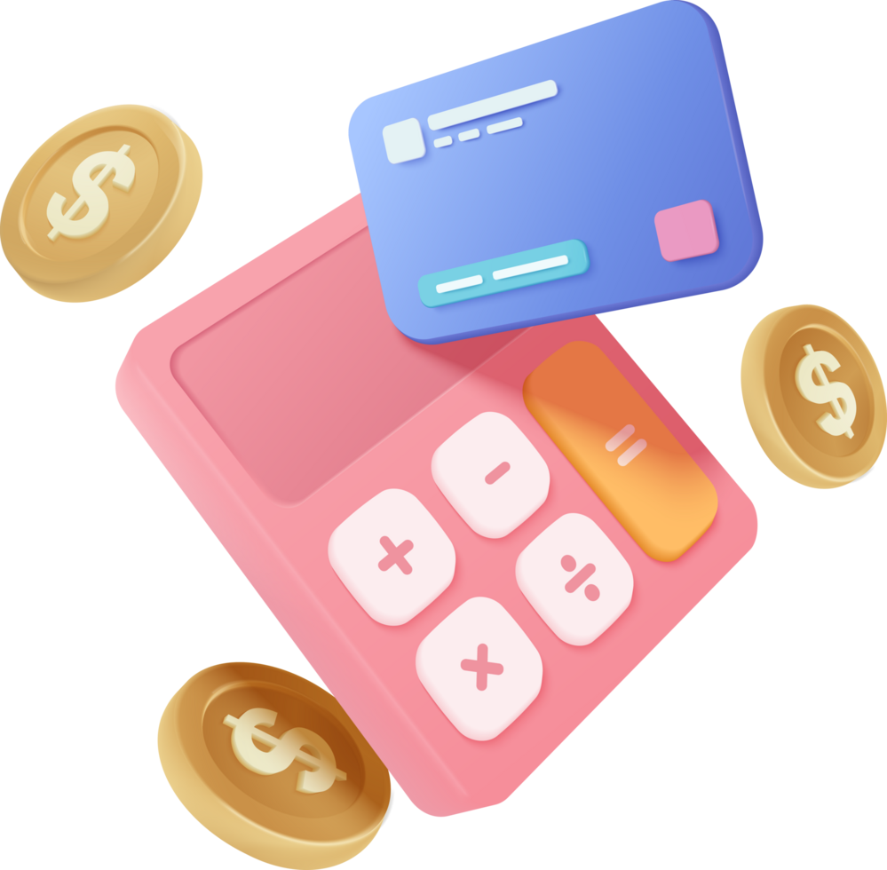 A calculator and a credit card are next to coins png