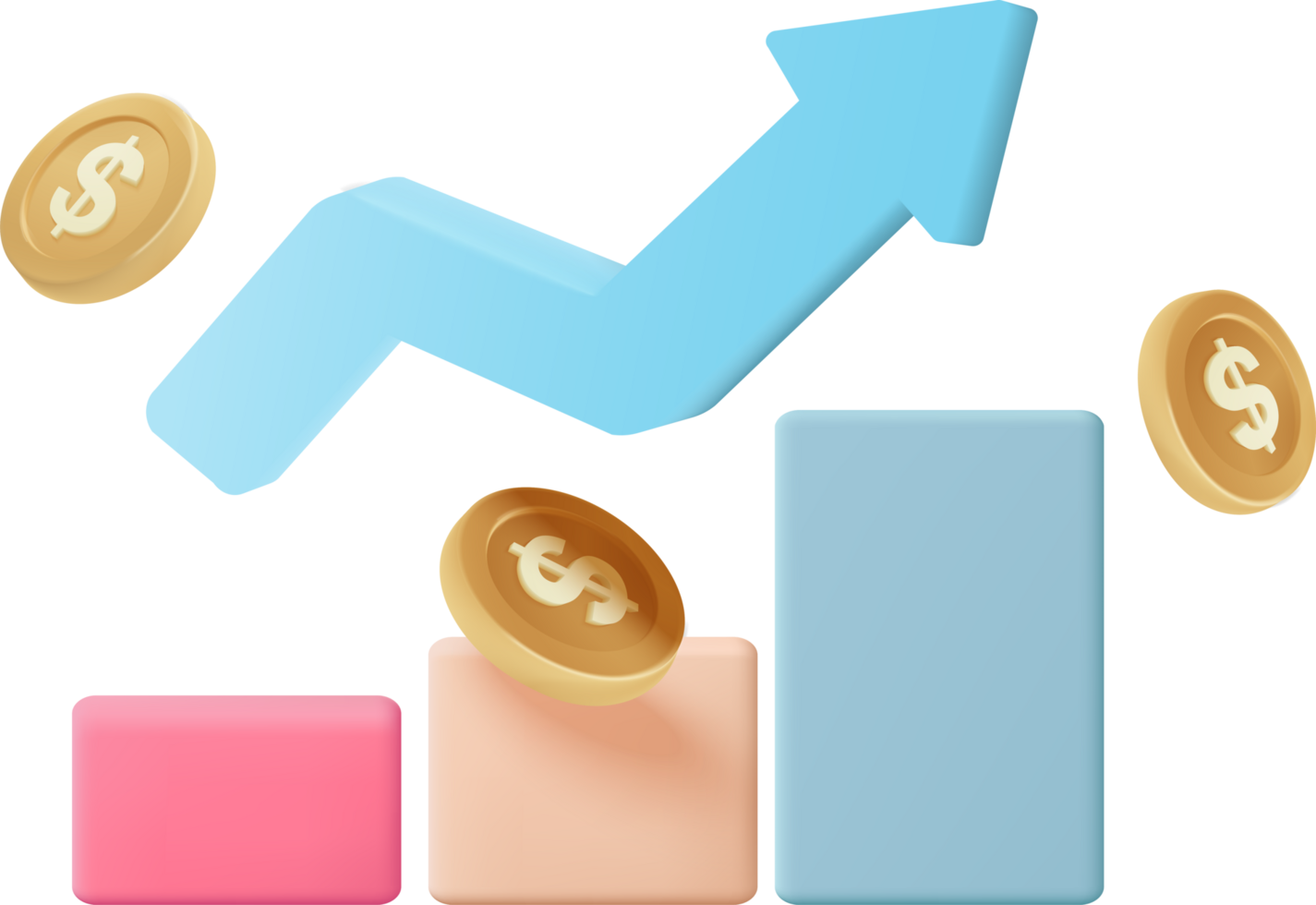 A bar chart with coins and an arrow going up png