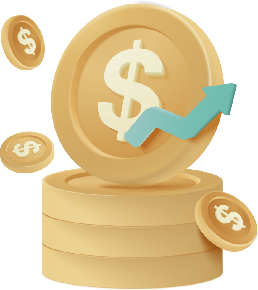 A stack of gold coins with an arrow pointing up png