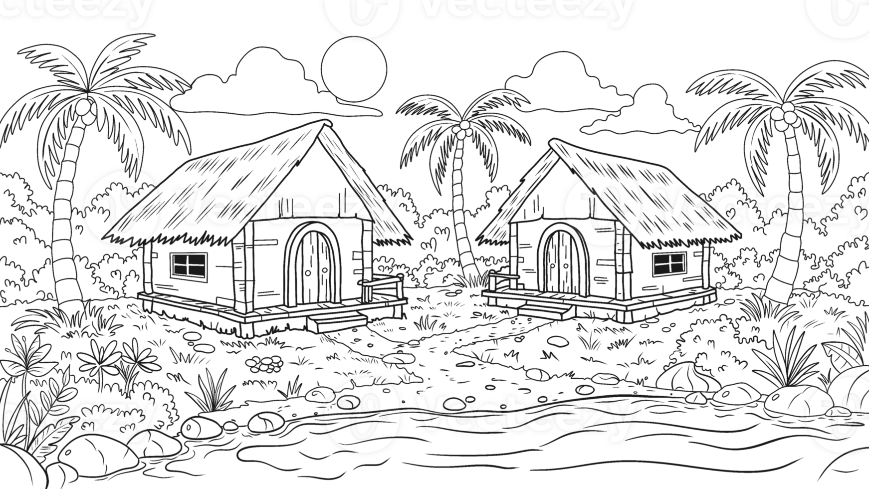 Line art illustration of tropical huts with thatched roofs, surrounded by palm trees, plants, and a river, featuring a serene sunset sky, ideal for coloring or design projects. png