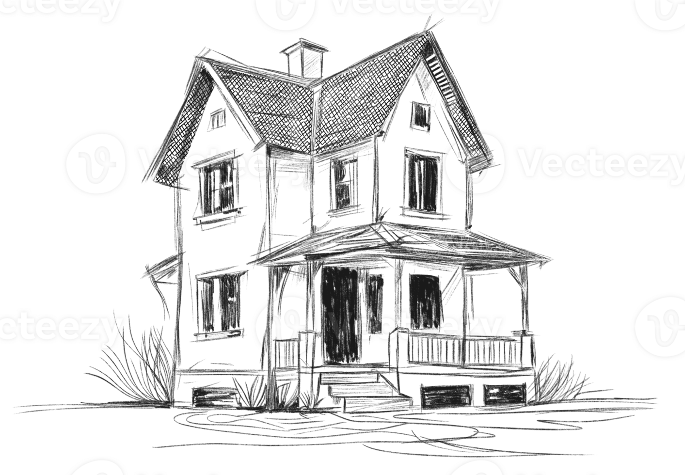 Hand-drawn sketch of a two-story house with a porch, featuring a pitched roof, chimney, and windows, perfect for architectural or home design projects. png
