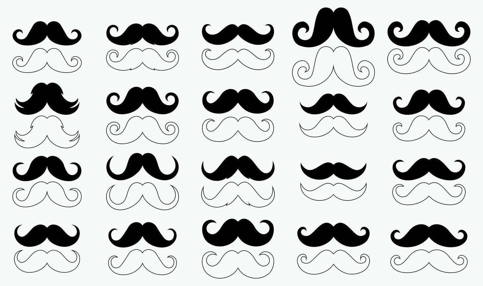 Set of Various Mustache Designs in Bold Silhouette and Thin Outline Styles Ideal for Barber Logos Grooming Icons Retro Graphics Printable Crafts and Facial Hair Elements vector