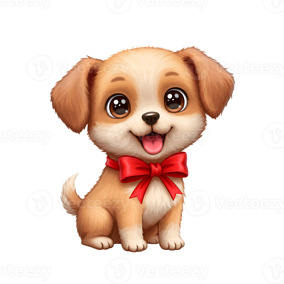 Adorable Cartoon Puppy with Big Expressive Eyes and Red Bow, Transparent Background, Cute Animated Pet Illustration png