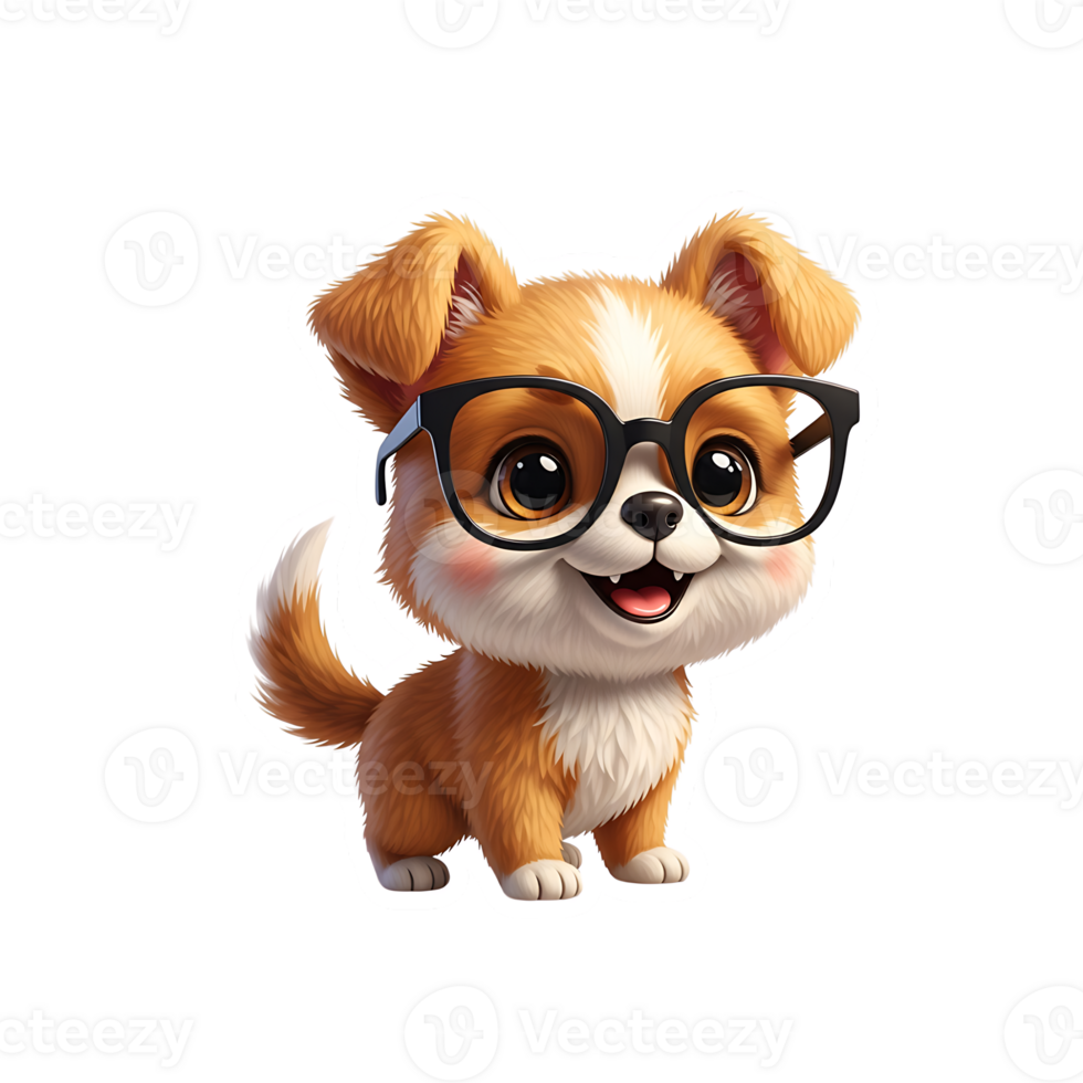 Playful Cartoon Puppy with Big Eyes and Black Glasses, Brown and White Fur, Transparent Background, Cute Pet Illustration png