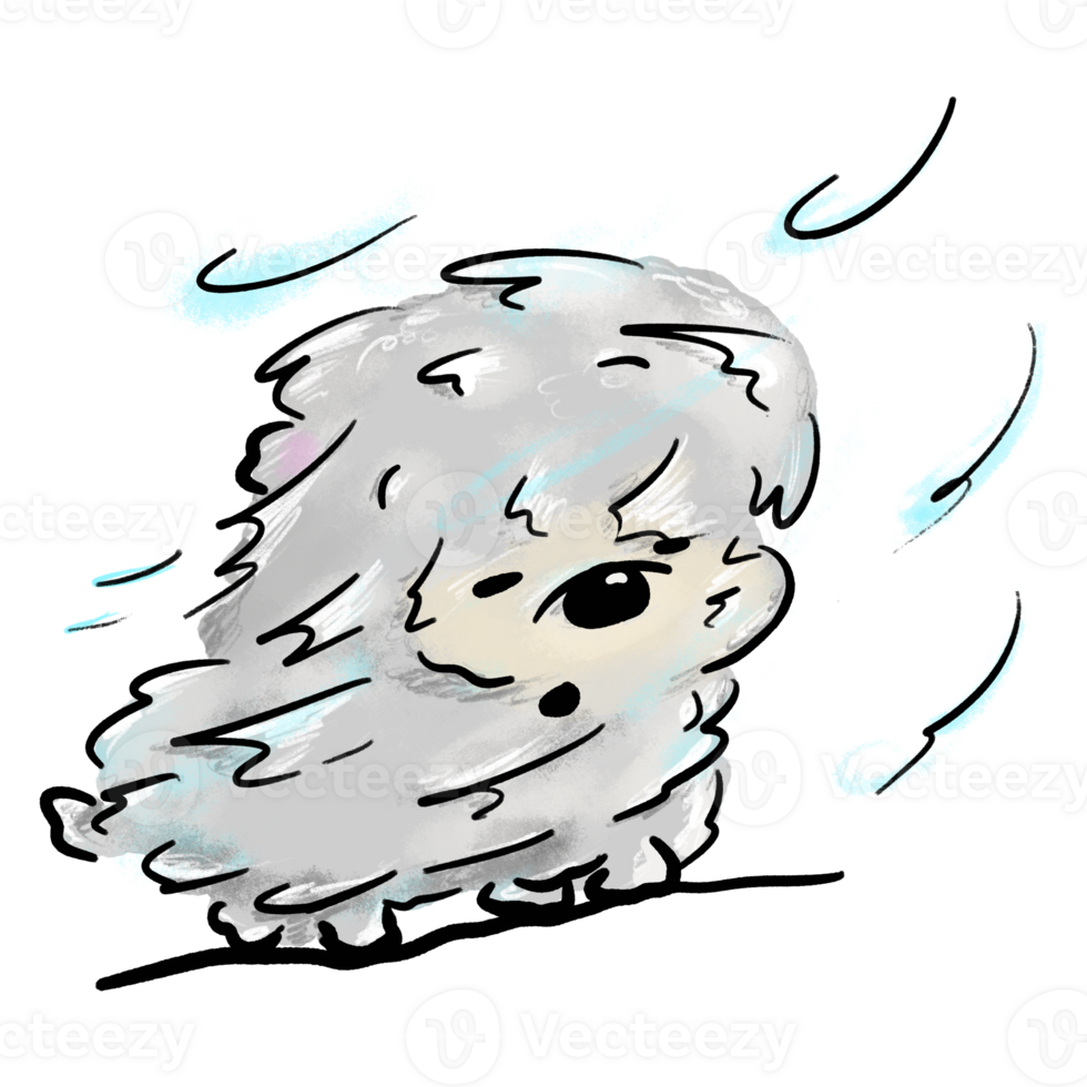 Cute dog being blown heavily by the wind color doodle illustration png