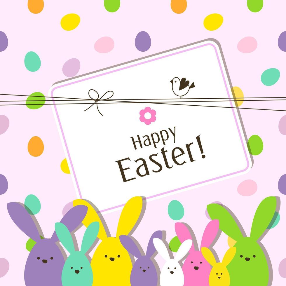 Easter Card with Colorful Eggs, Bunnies and a Little Bird vector