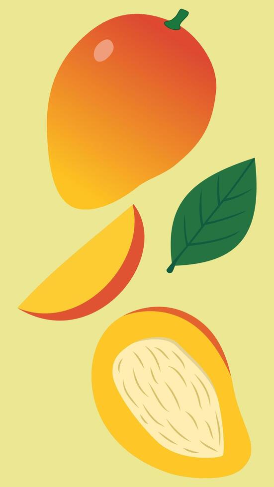 Illustration of Alphonso mangoes with green leaves on a flat yellow background. Bright yellow tropical fruits in minimal, clean cartoon style vector