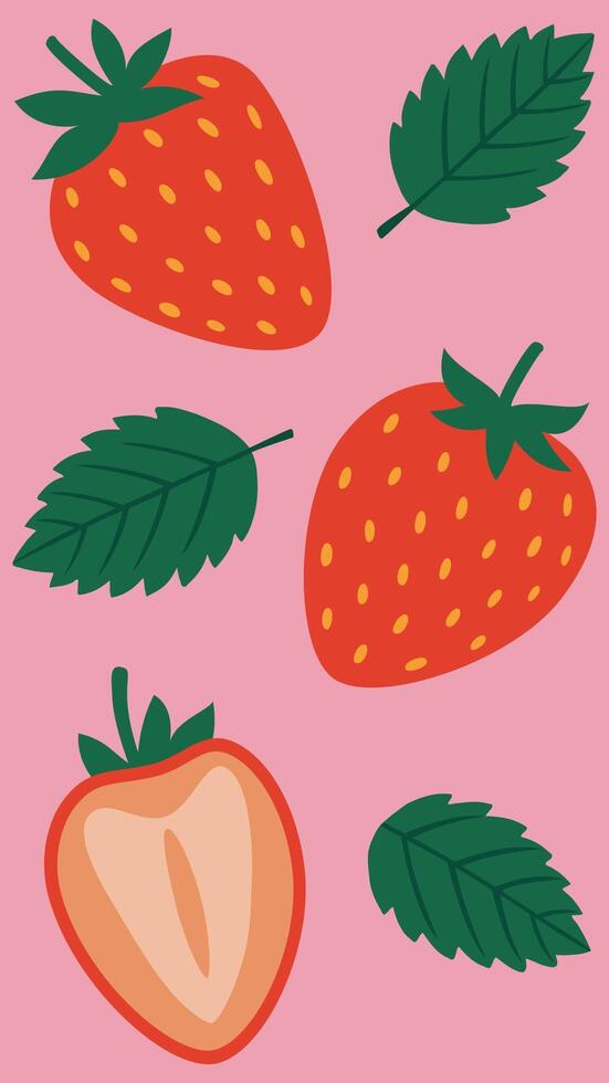 Flat illustration of strawberries with leaves fresh, juicy red fruits in a cute and playful cartoon style on pink background vector