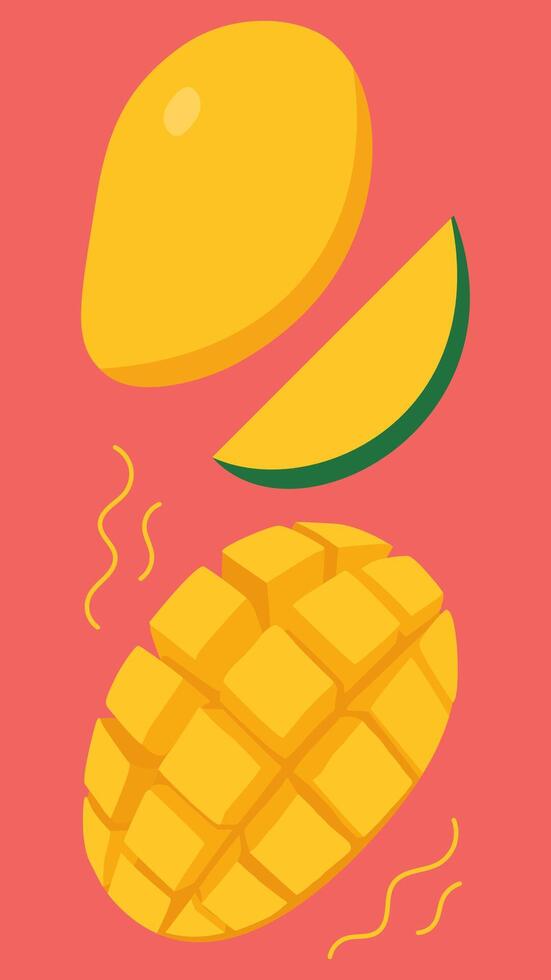 Flat illustration of carabao mango with whole, sliced, and diced parts on a pink background - sweet tropical fruit in a modern cartoon style vector