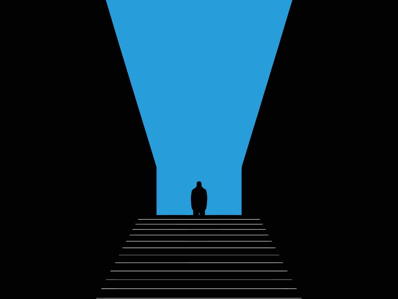 Silhouette of Man Standing on Top of Stairs Against Blue Sky vector