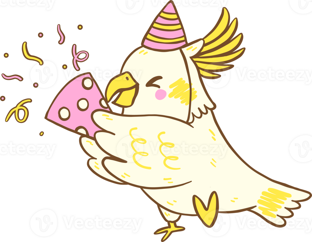 Cartoon Cockatoo with Party Hat and Confetti png