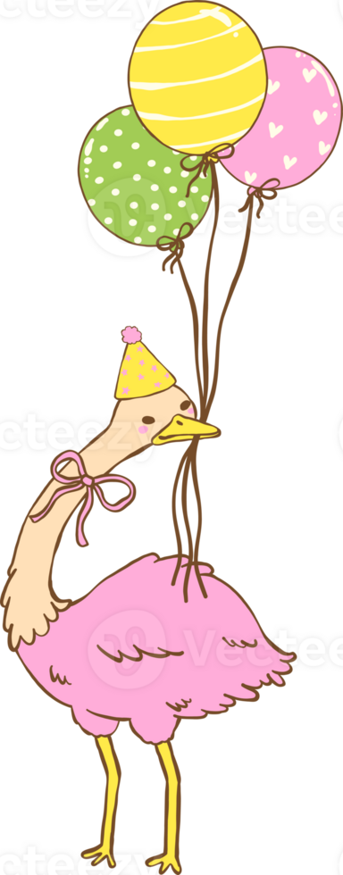 Cute Emu Birthday with Balloons in Beak Doodle, Australia Animal Birthday png