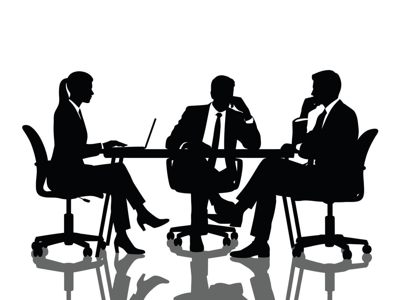silhouettes of business people working on a laptop, Silhouettes of three figures around table, Woman wearing heels, man gesturing vector