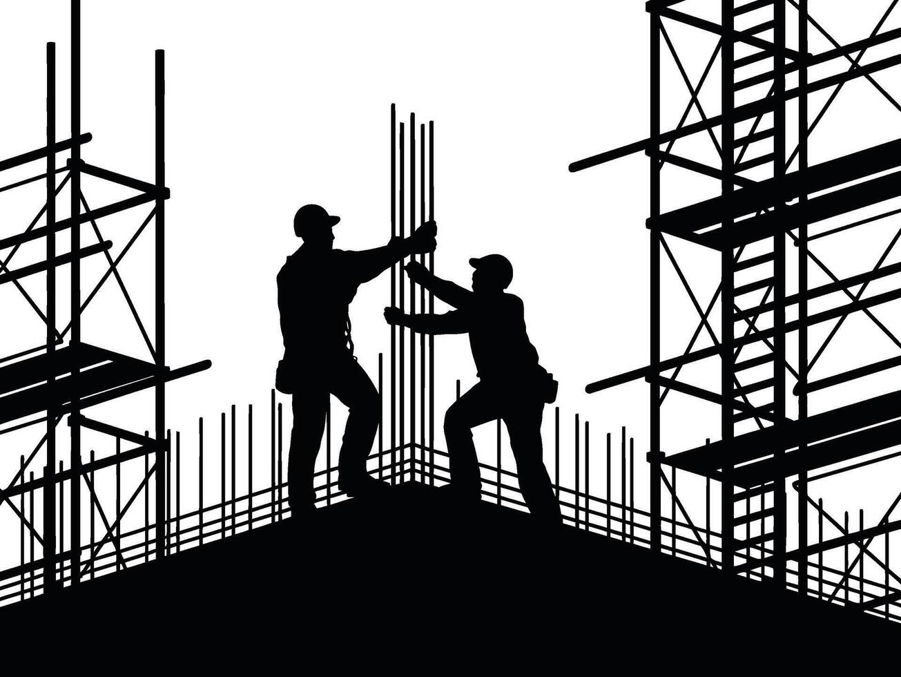 Silhouette of Construction Workers on Building Site with Scaffolding and Rebar, Teamwork and Safety, construction workers at work vector