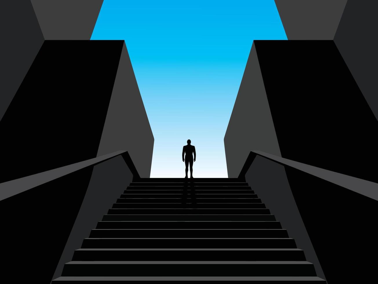 Businessman standing on top of a ladder, silhouetted against blue background vector