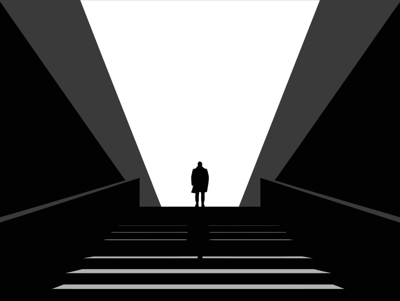 silhouette of businessman standing on top of a stairs, the silhouette of a businessman is at the top of the stairs against a white background vector