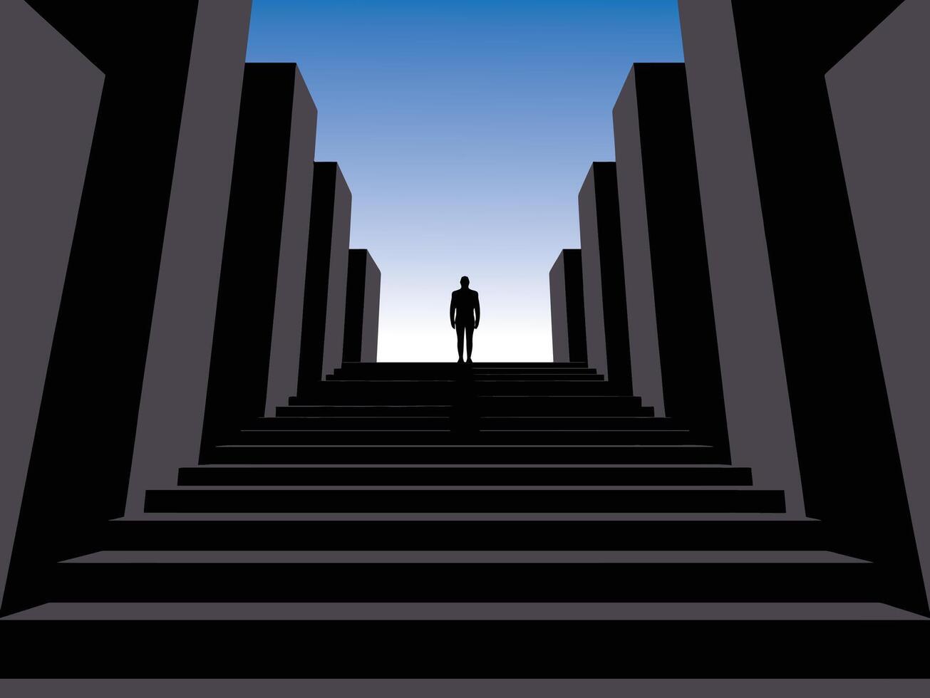 silhouette of businessman standing on top on stairs, business man walking on stairs vector