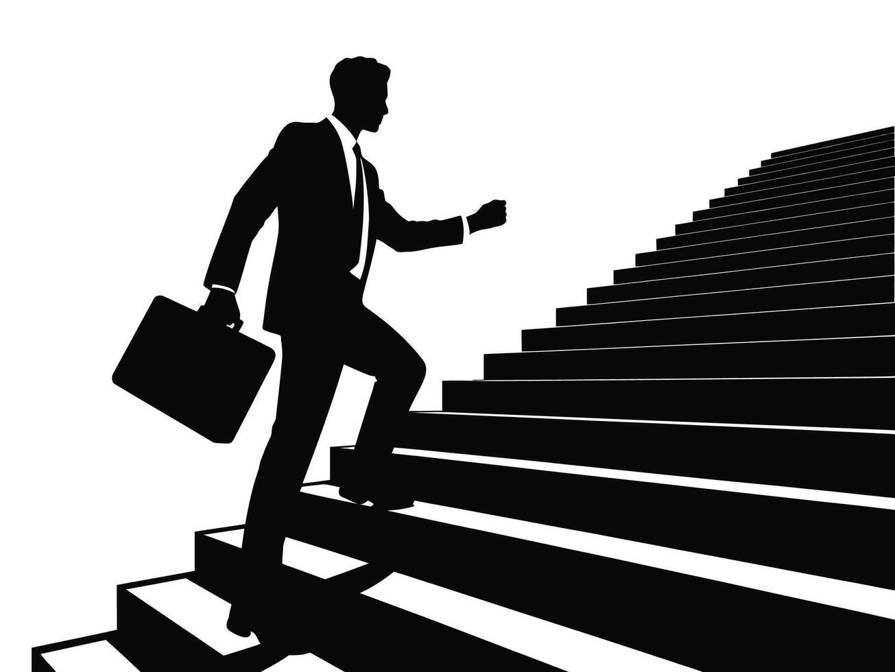 businessman running on stairs, Silhouette of a man walking up a staircase, representing progress and success vector