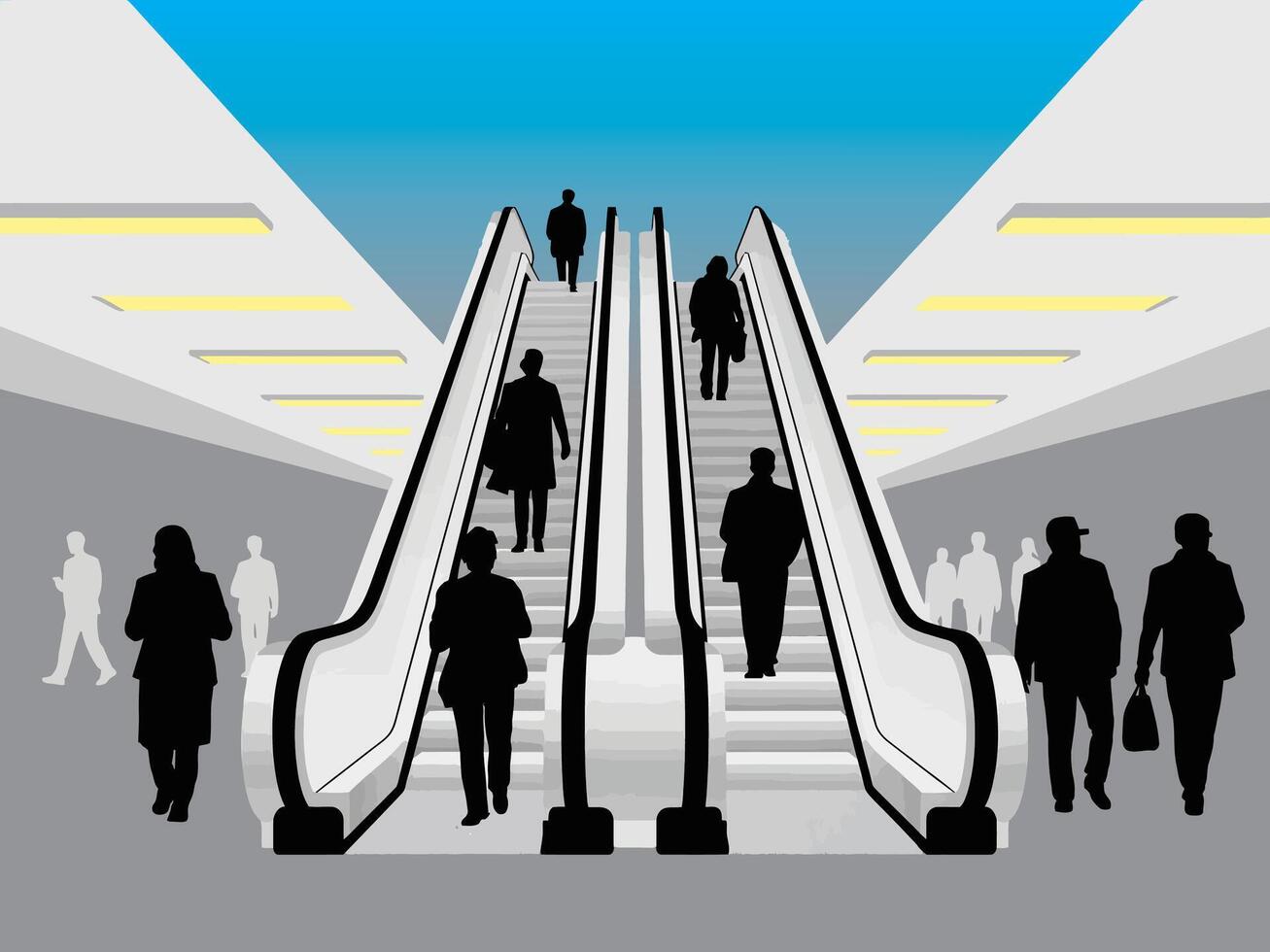 silhouette of people walking on the escalator, silhouette of people using escalators vector