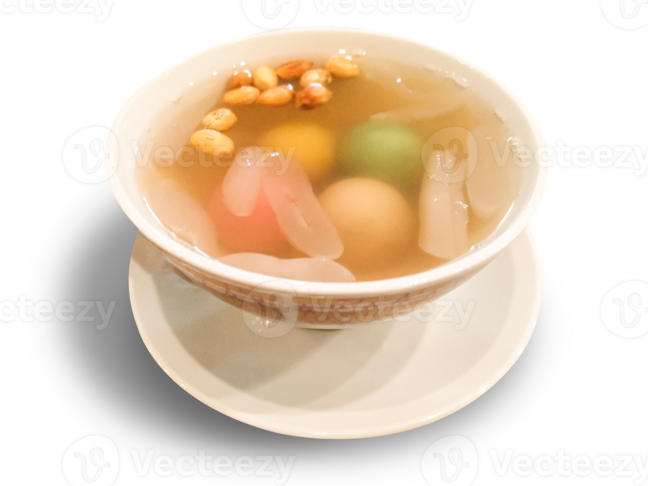 Wedang ronde with 4 colors of sticky rice balls, peanuts and palm fruit. This drink consists of warm ginger sauce with a sweet and spicy taste. Delicious Dessert Soup, Traditional Indonesian drink. png