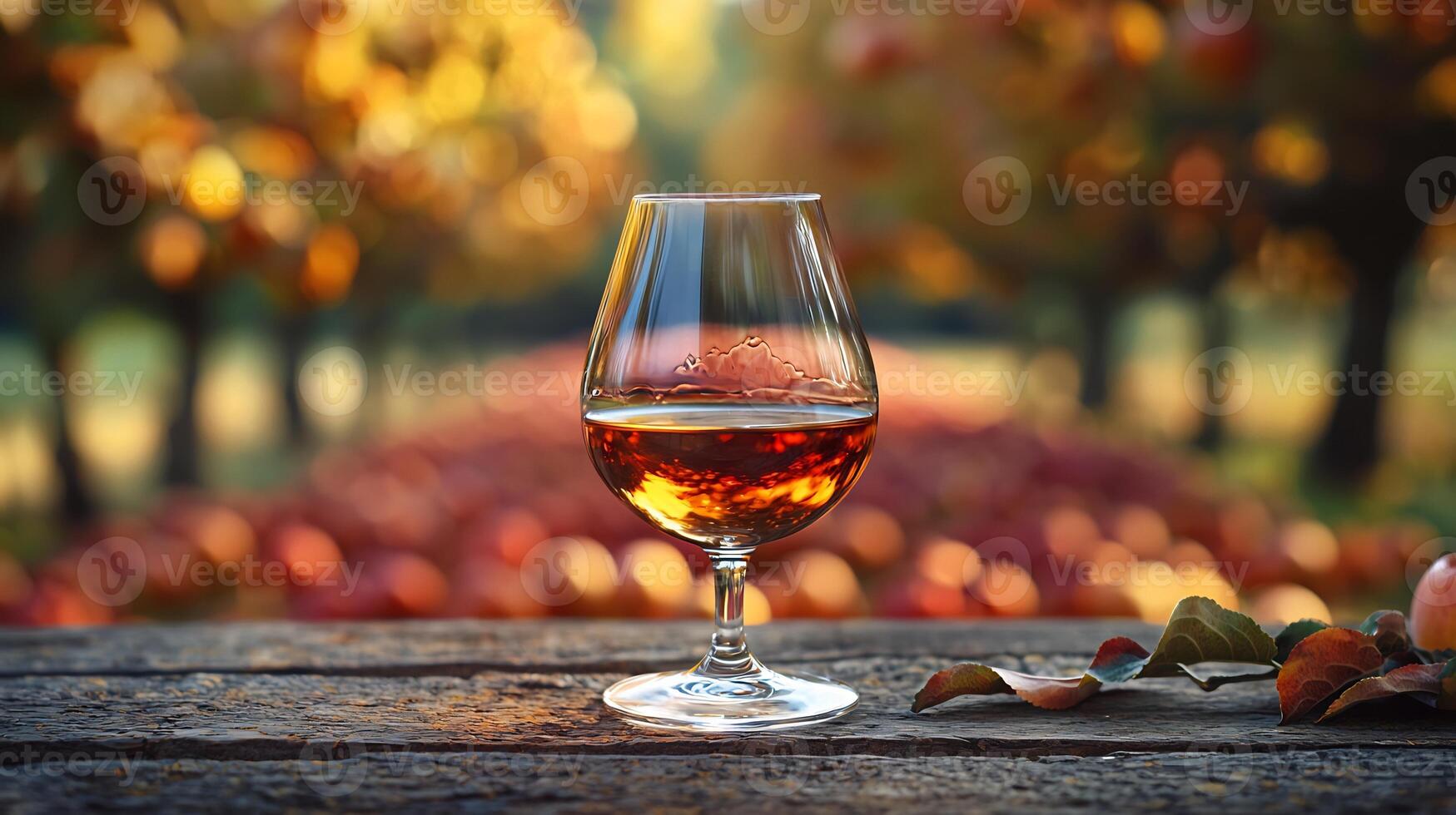A glass of wine sitting on a table in an orchard photo