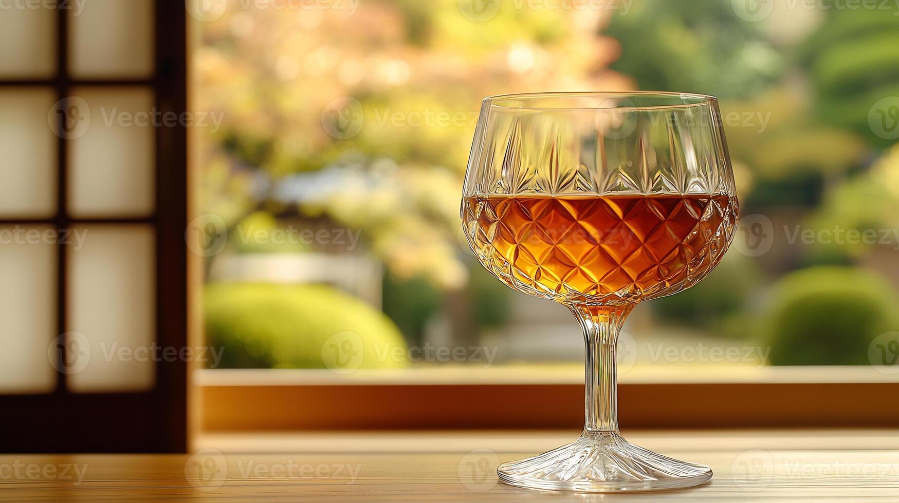 A glass of wine sitting on a table in front of a window photo