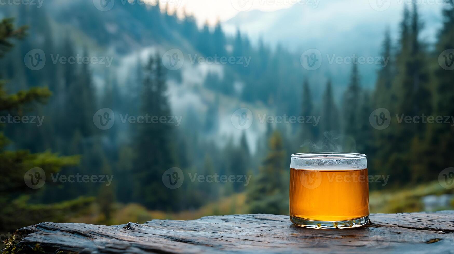 70 200mm nature shot of cedar infusion telephoto compression showing both drink clarity pine forest backdrop morning mist in distance photo