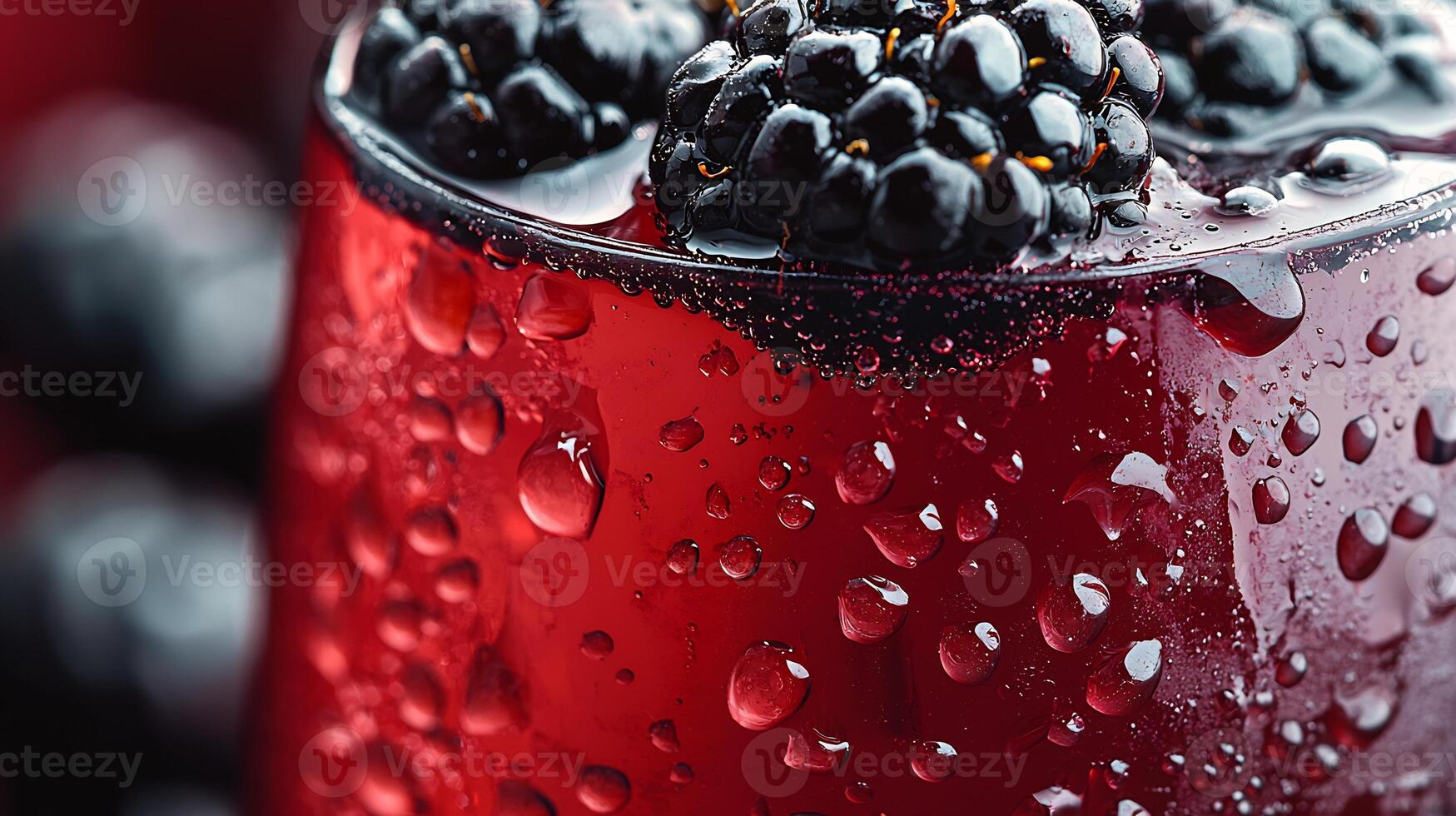 100mm macro photo of blackberry liqueur extreme close up showing jewel toned liquid berry texture condensation droplets on chilled glass