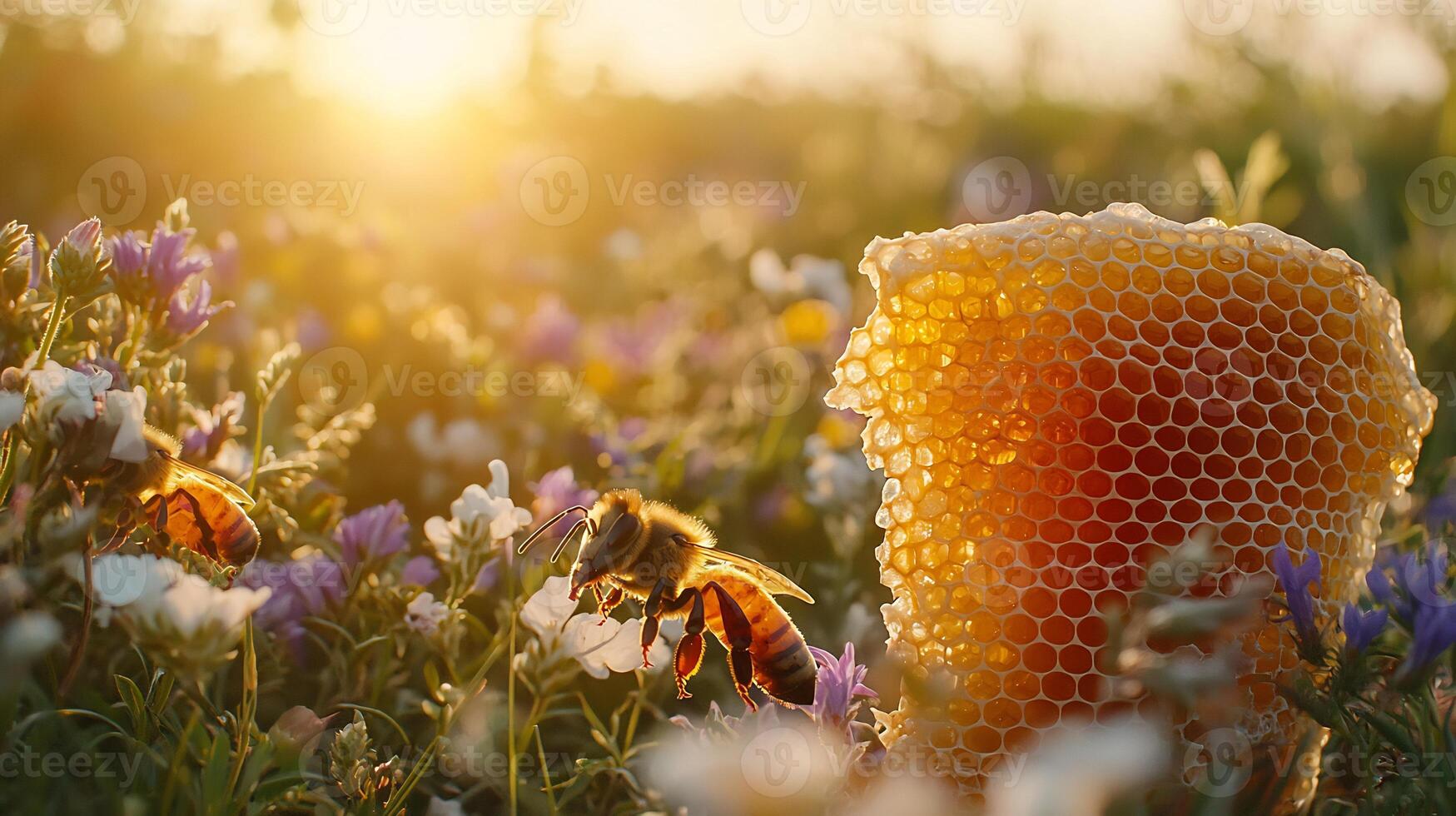 Honeycomb in the field with flowers photo