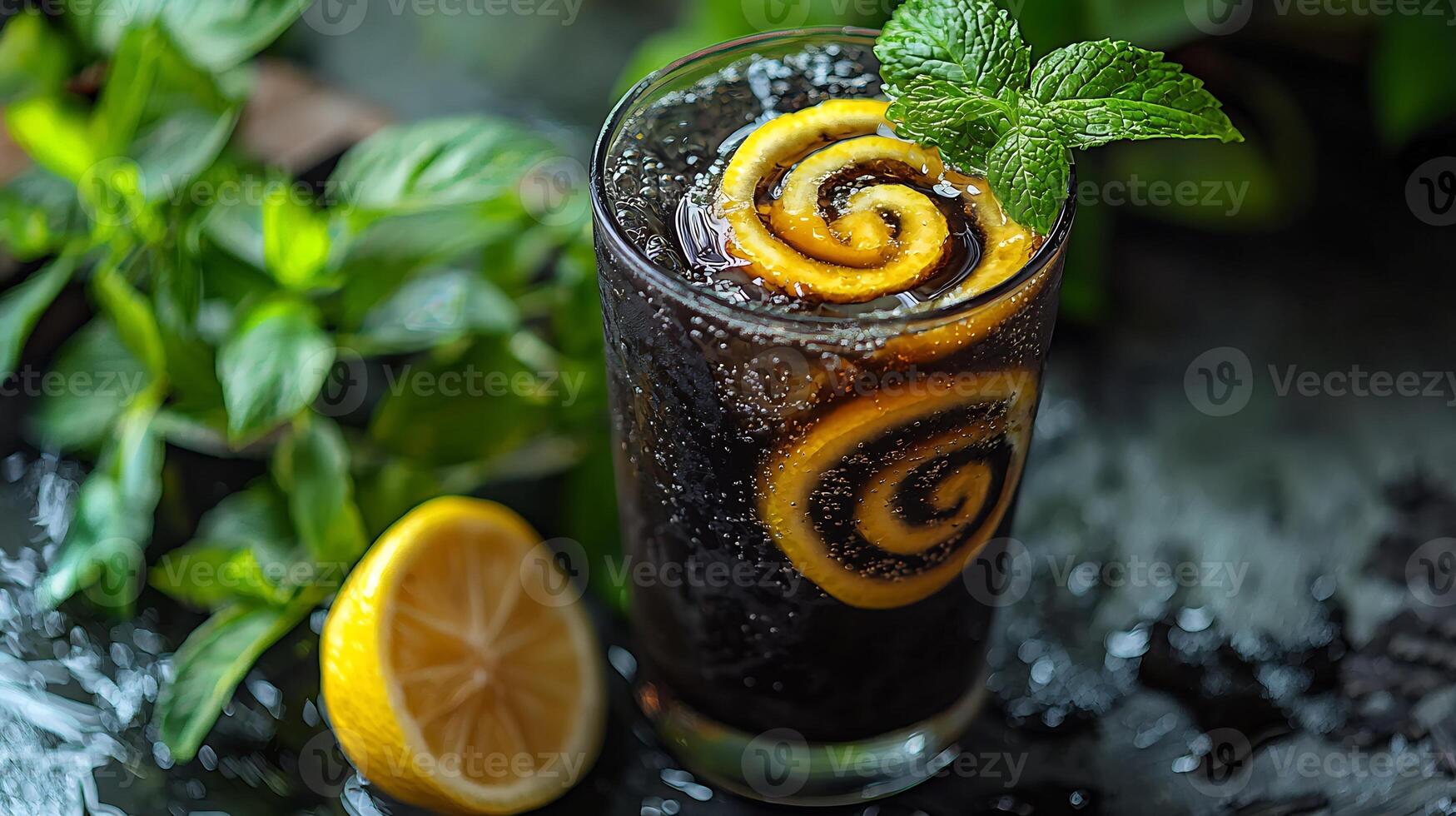 A glass of black iced tea with lemon slices photo