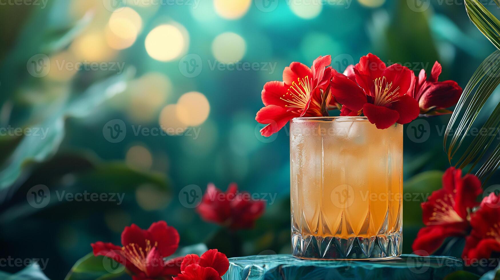 A glass of red drink with flowers on a green background photo