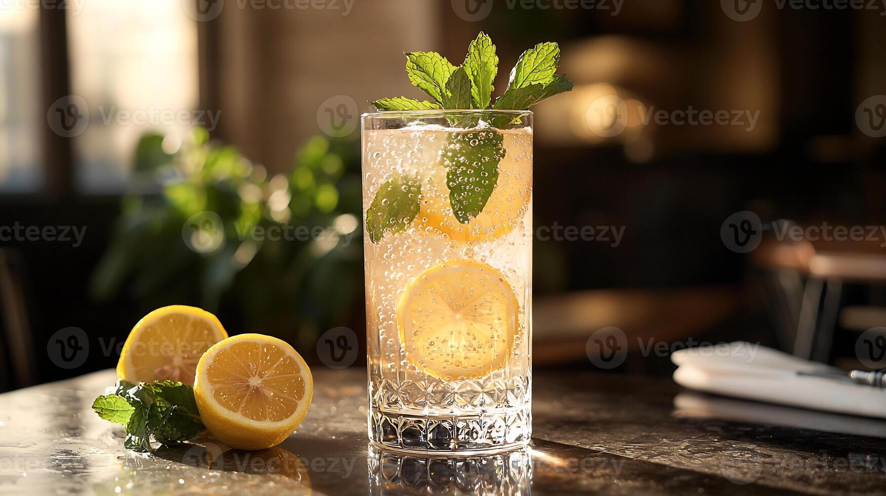 A glass of lemonade with mint leaves on the table photo