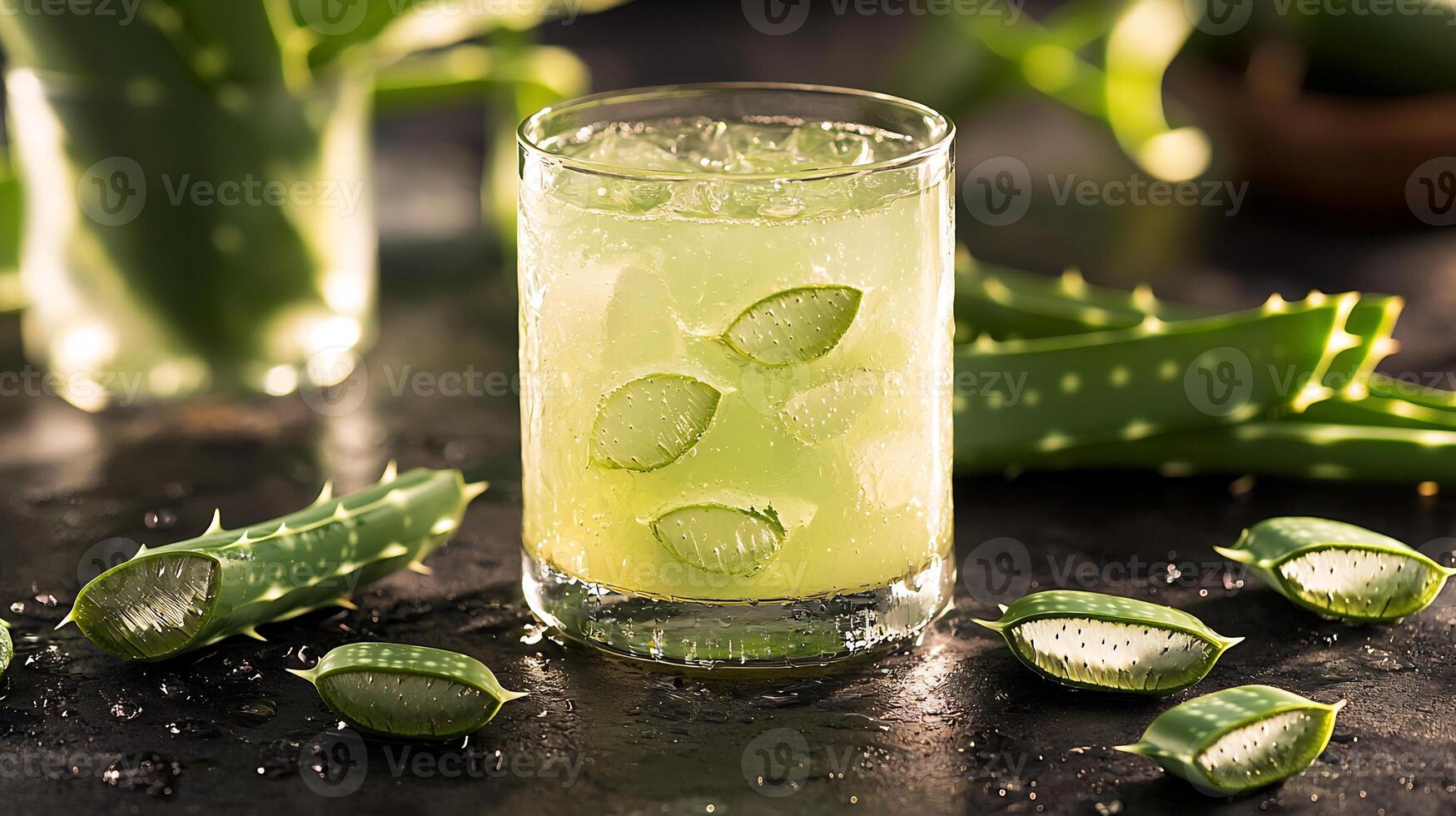 Aloe vera juice with fresh aloe vera leaves photo