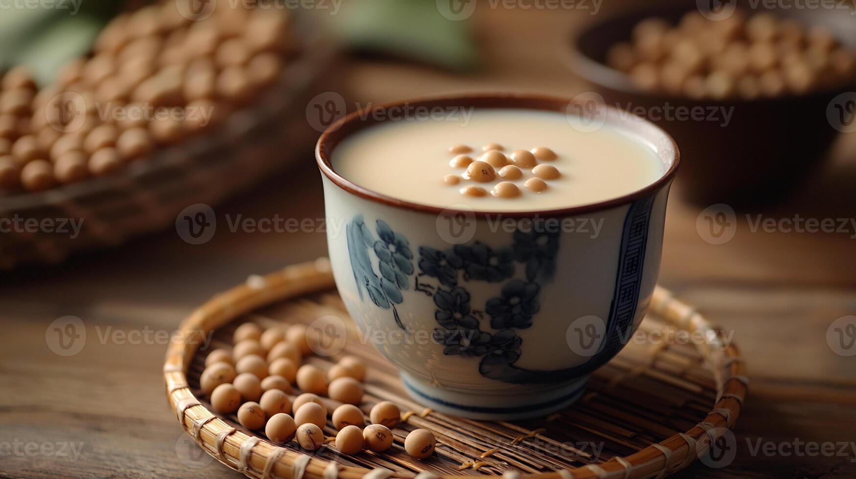 Soy milk in a cup on a wooden table photo