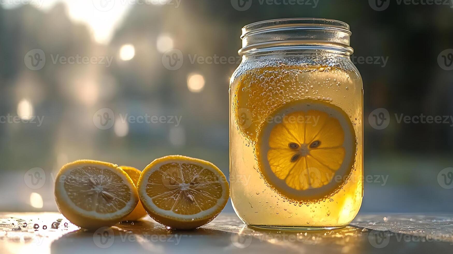 A jar of lemonade with slices of lemon photo