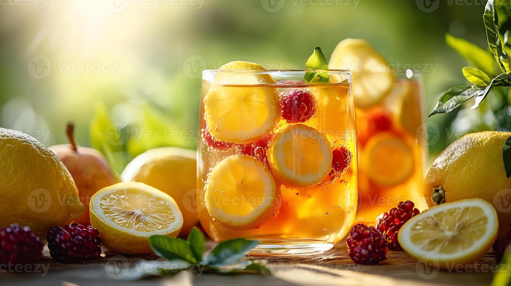 A glass of lemonade with berries and lemons photo
