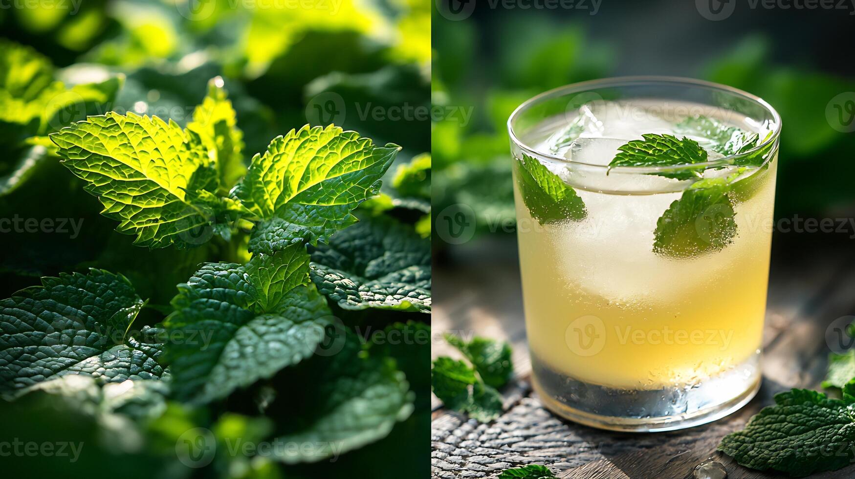 Two images of a glass of lemonade and a glass of mint photo
