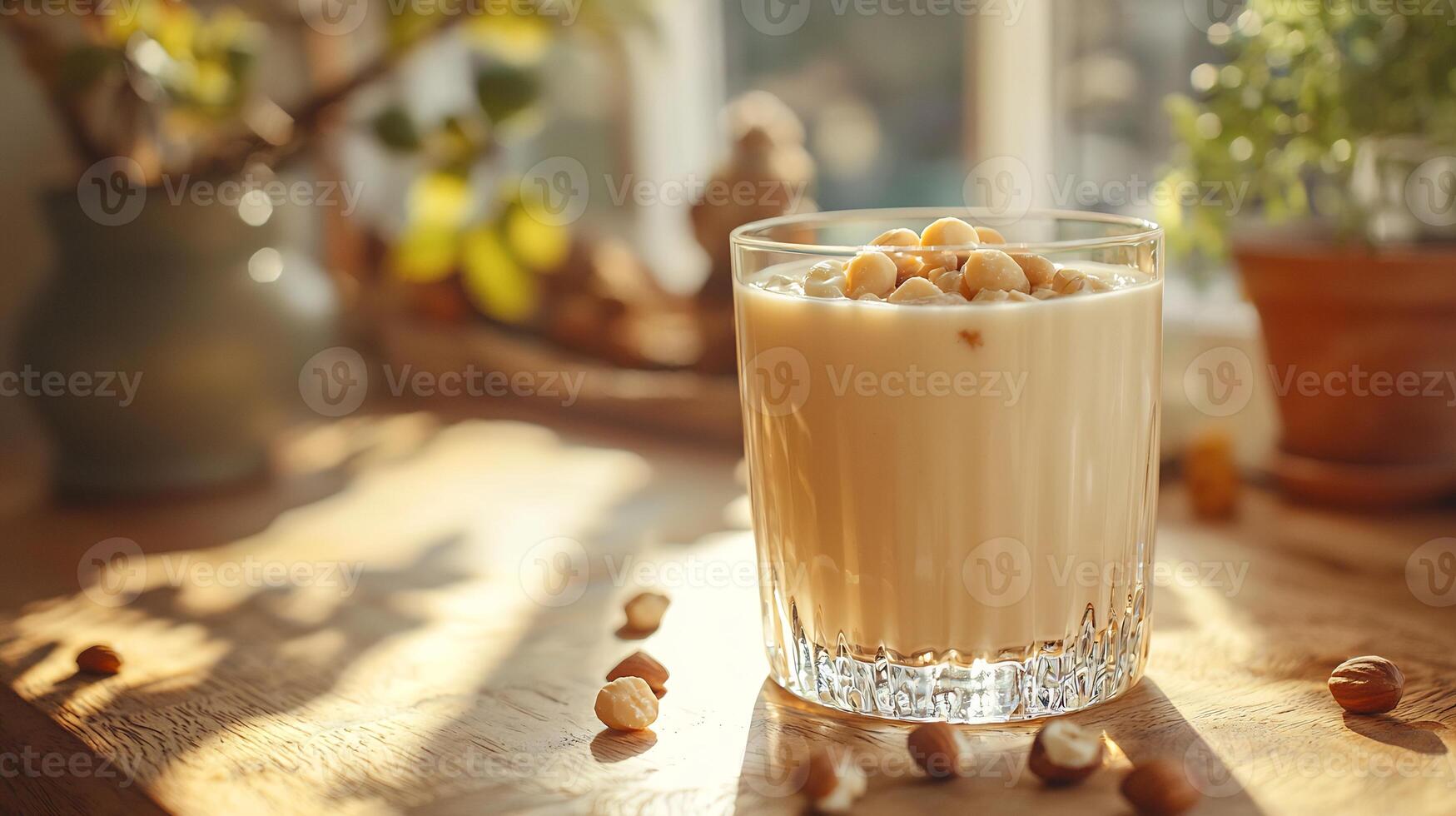 A glass of milk with nuts on a table photo