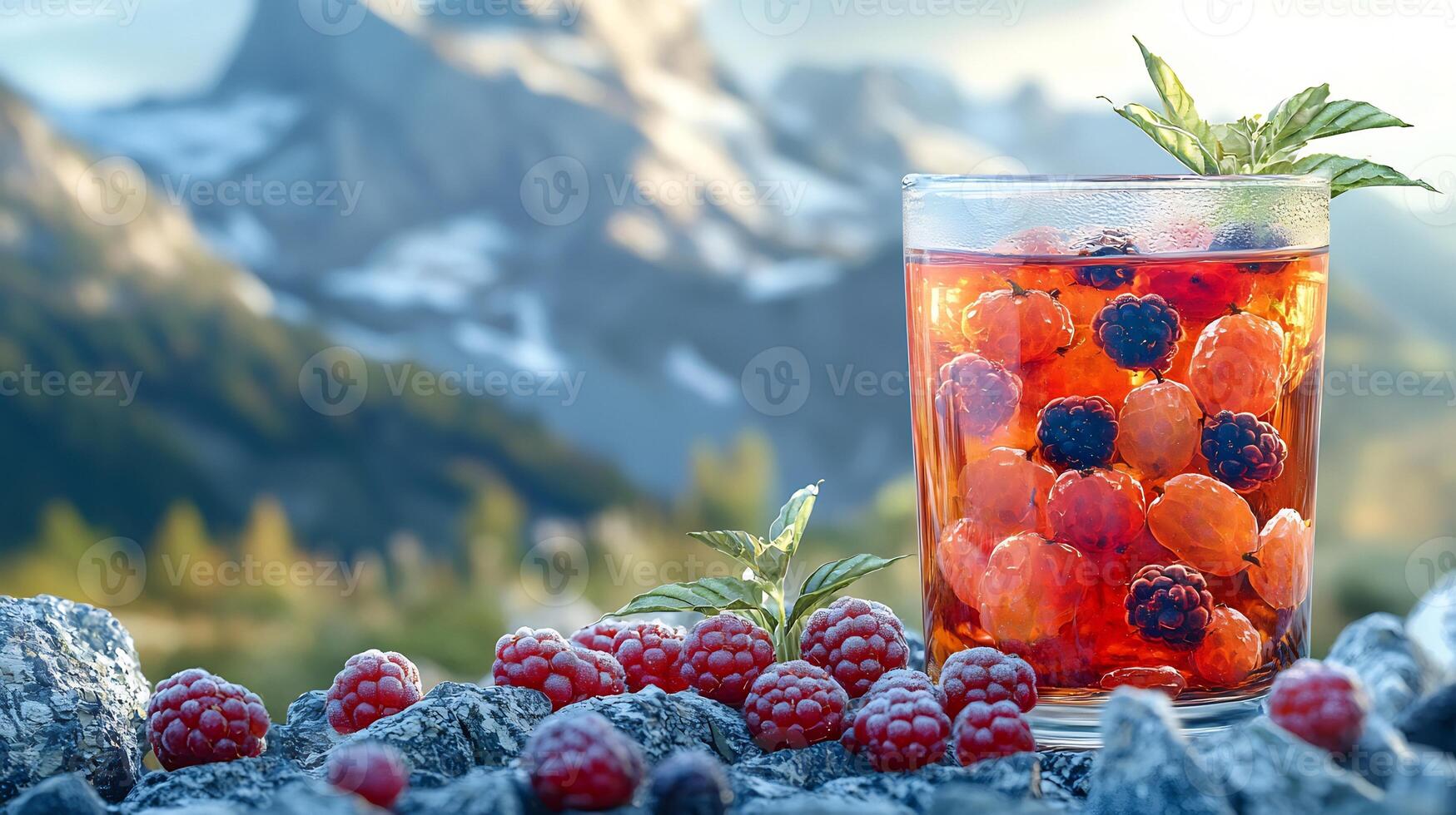 A glass of fruit juice with berries and a mountain in the background photo