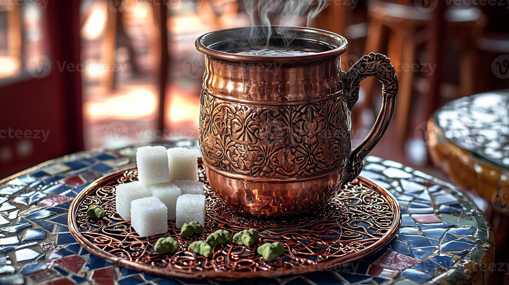A copper mug with sugar cubes photo