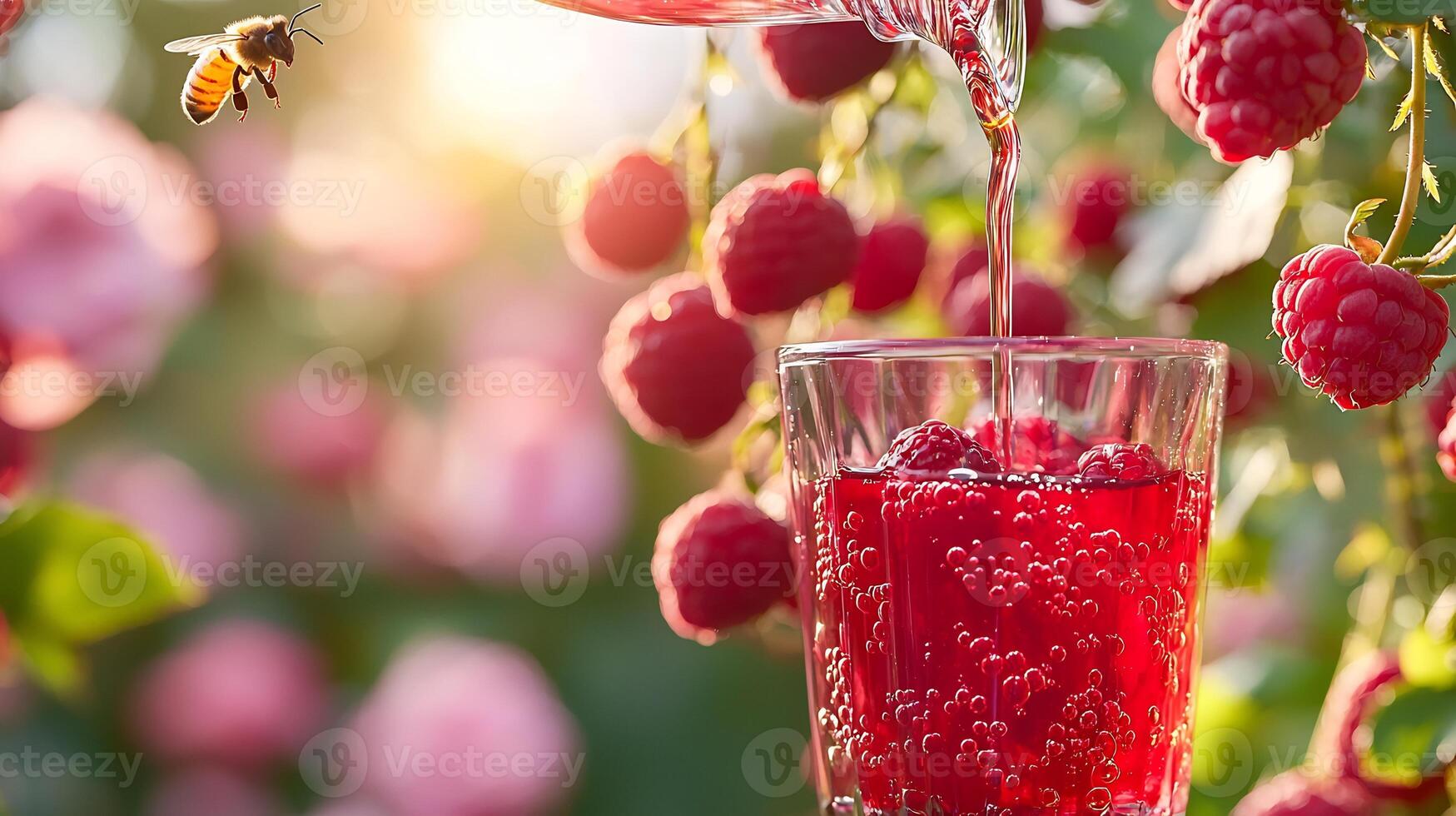 Raspberry juice being poured into a glass photo