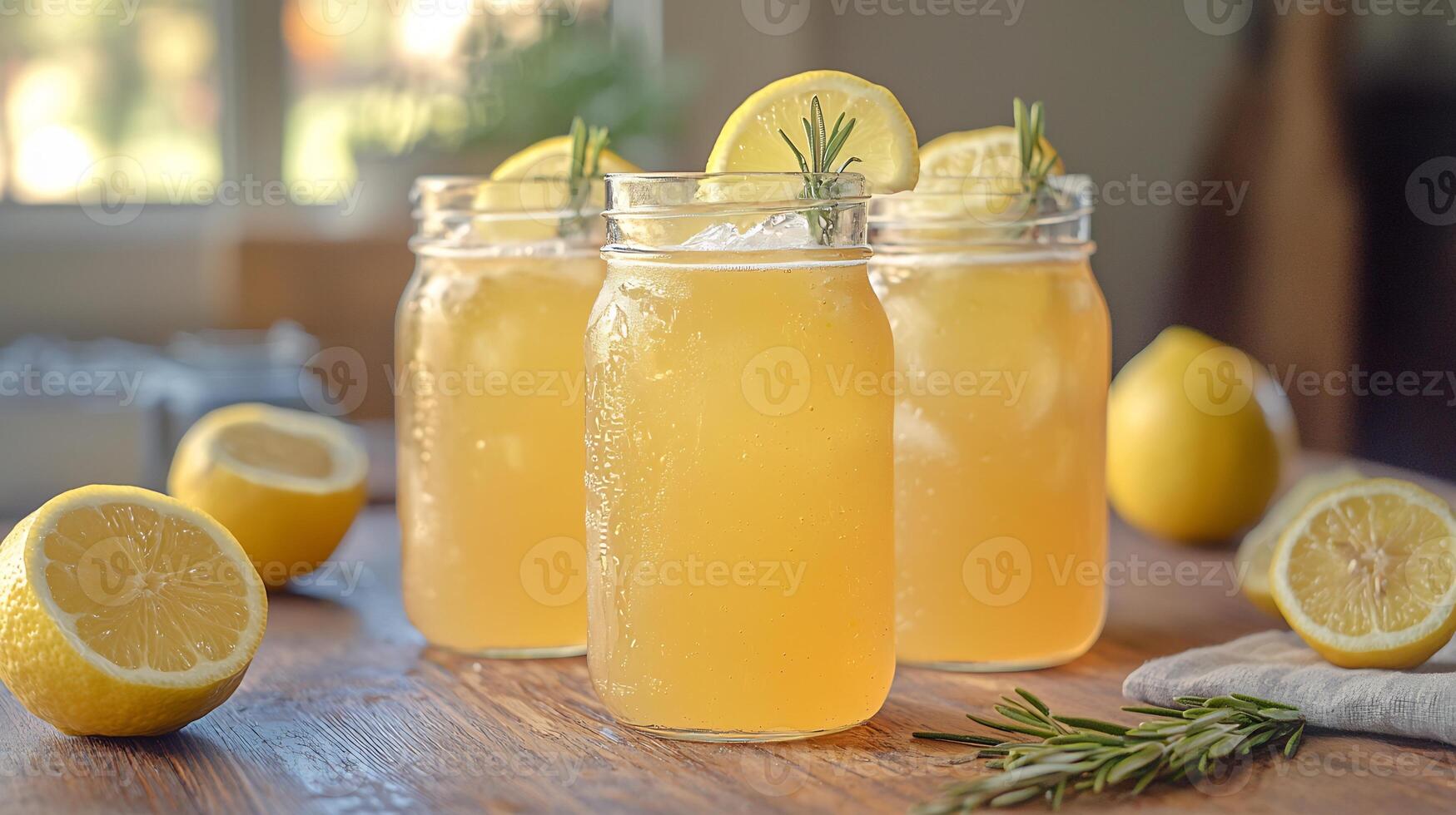 Three jars of lemonade with rosemary sprigs on a wooden table photo