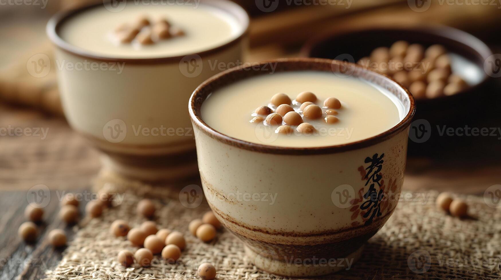 Two cups of soy milk with beans on the table photo