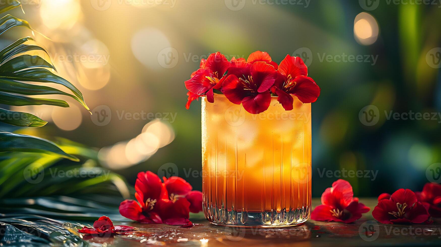 A tropical drink with red flowers on top photo